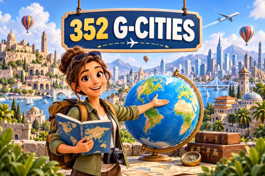 Animated traveler holding an atlas beside a globe with a 352 G-cities sign