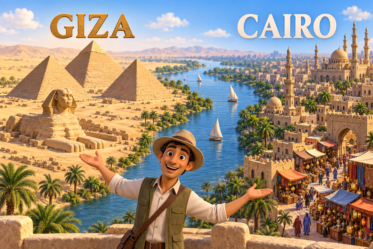Schematic 3D animated guide shows the Giza pyramids and Sphinx on one side of the Nile and Cairo’s historic bazaar on the other.