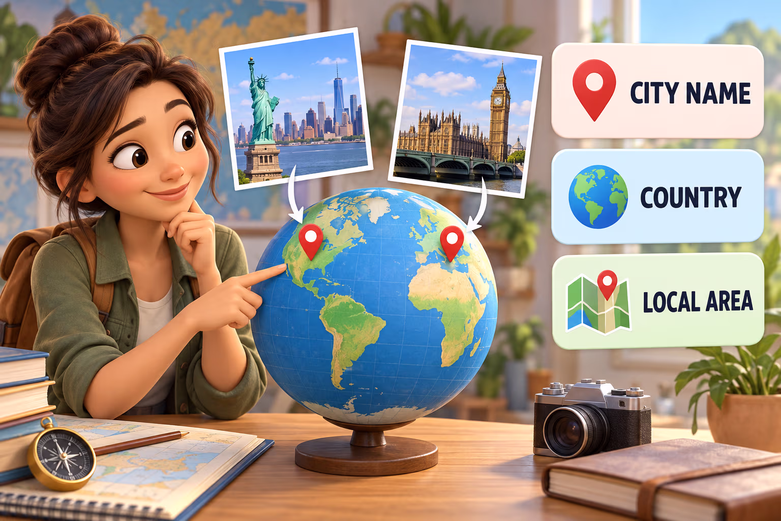 Animated travel researcher compares city name, country, and local area cards while locating two places on a globe.