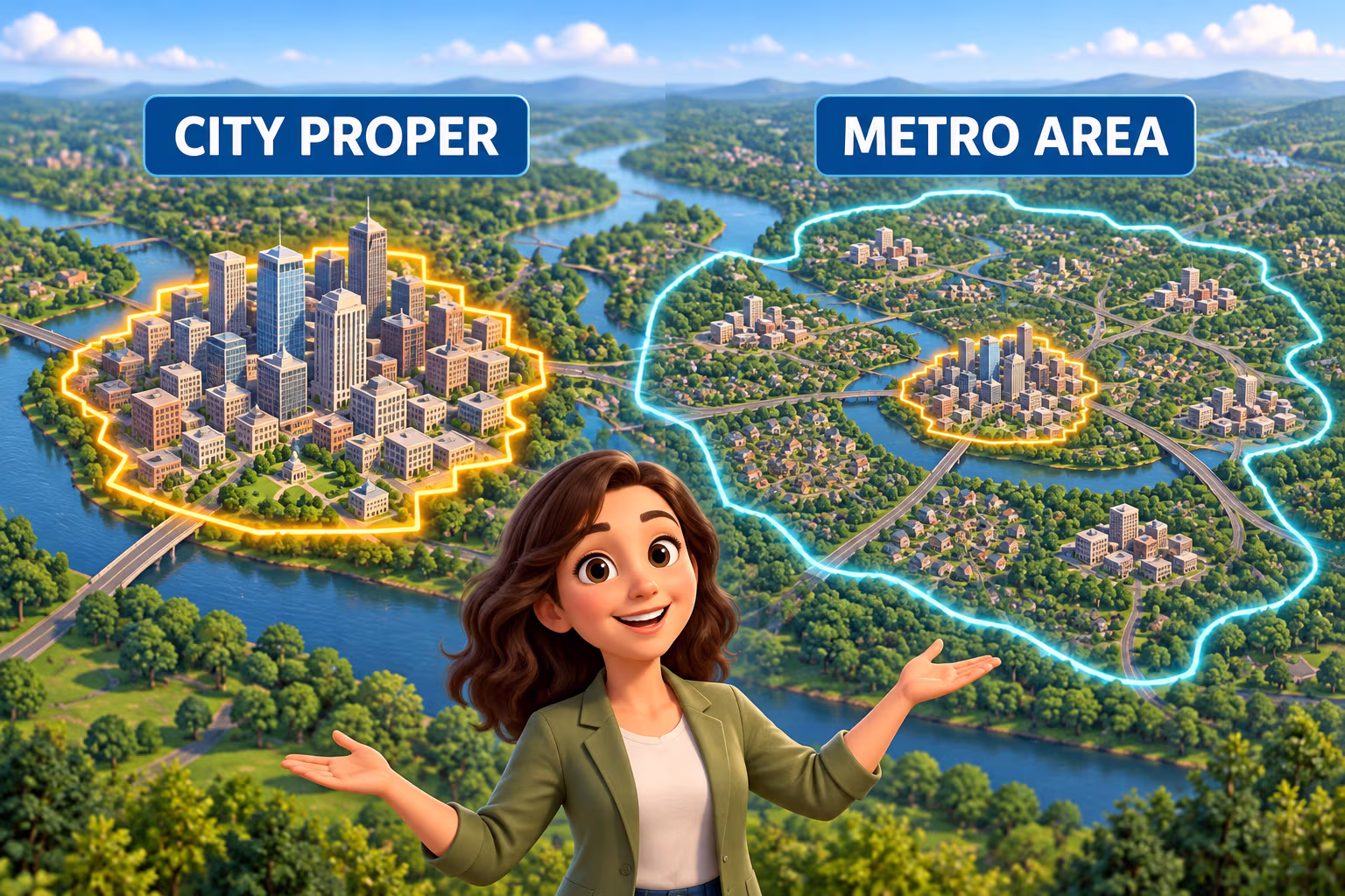 3D animated map compares a compact city-proper boundary with a wider metro area and suburbs.
