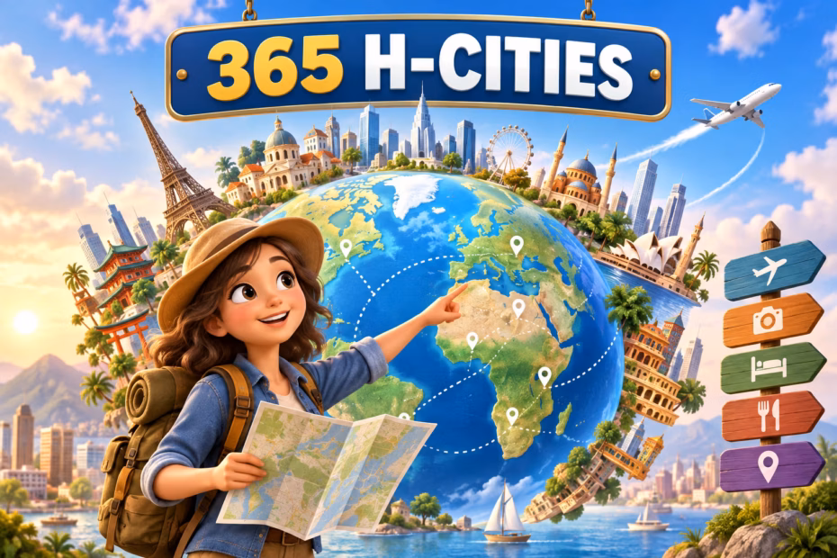 Illustrated travel guide beside a globe and skyline with a 365 H-cities sign