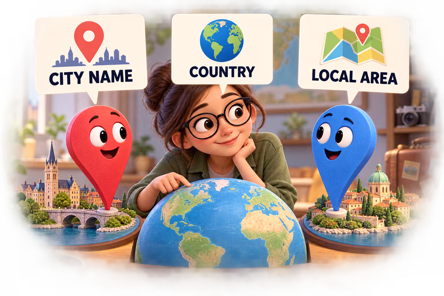 Animated travel researcher compares a city name, country, and local area on three illustrated cards.