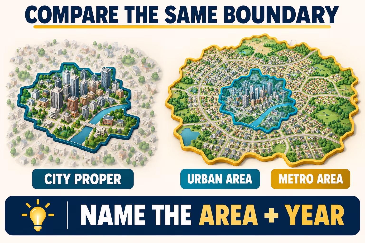 Infographic comparing city proper, urban area, and metro area maps, with the reminder to name the area and year.