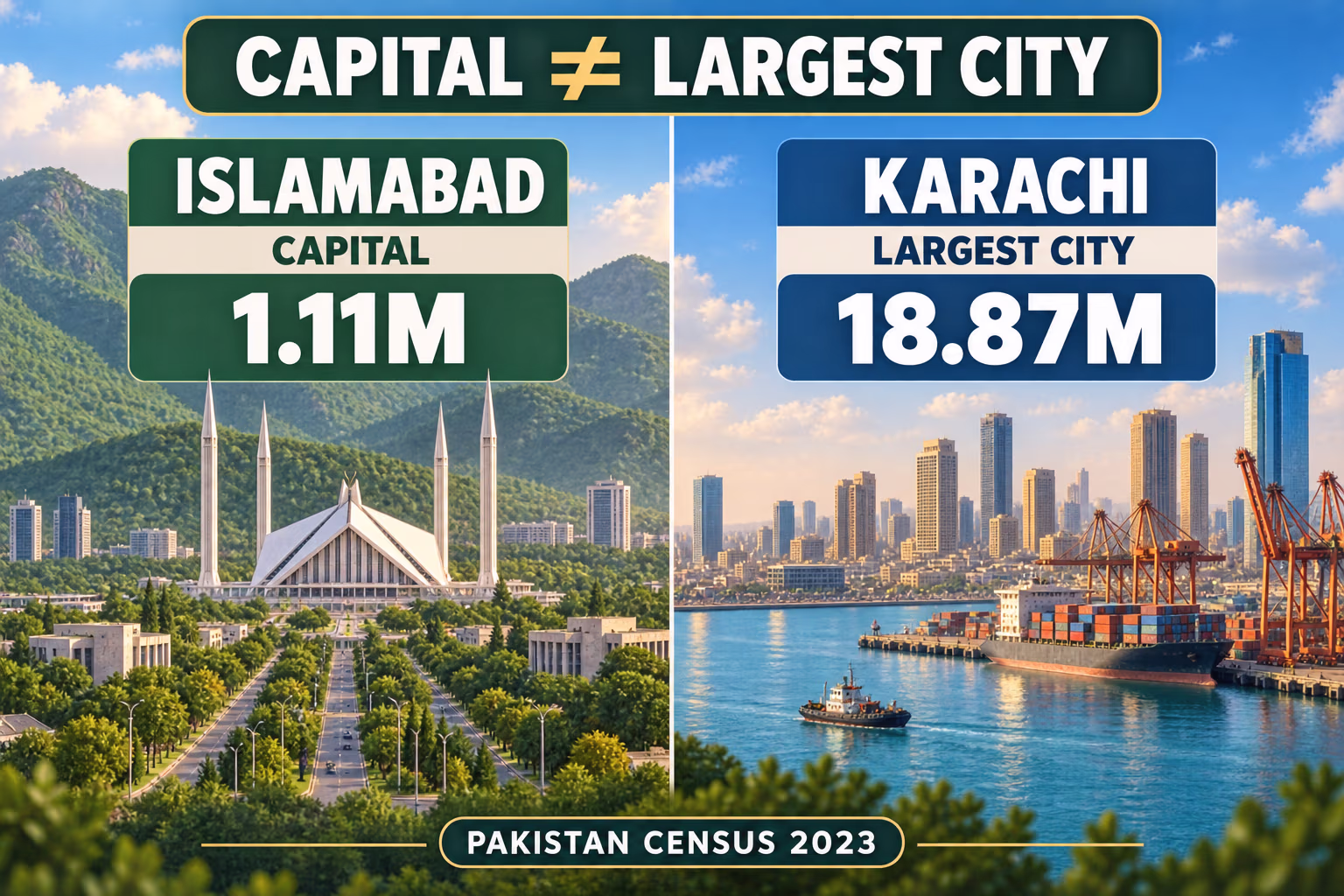 Infographic contrasts Islamabad as Pakistan’s capital at 1.11 million with Karachi as largest city at 18.87 million, using 2023 census figures.