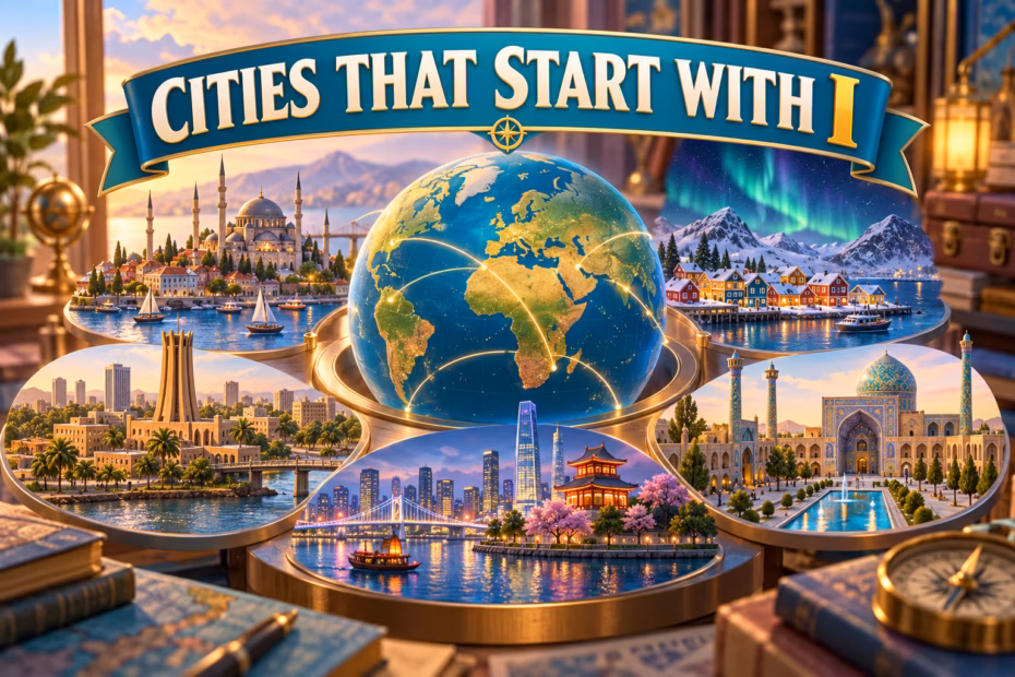 3D animated illustration of a globe and five city skylines beneath the words “Cities That Start With I.”