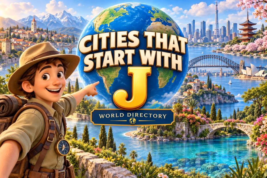 3D animated city guide points to the letter J on a globe beside varied skylines, a garden bridge, and a lake; the graphic title says Cities That Start With J.