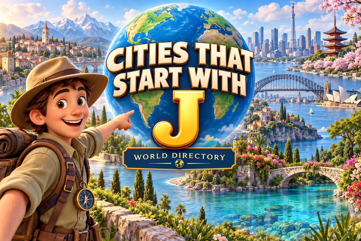 3D animated city guide points to the letter J on a globe beside varied skylines, a garden bridge, and a lake; the graphic title says Cities That Start With J.