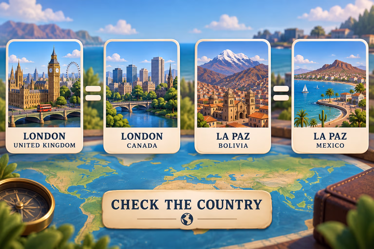 3D atlas infographic distinguishing London in the United Kingdom from London in Canada, and La Paz in Bolivia from La Paz in Mexico.