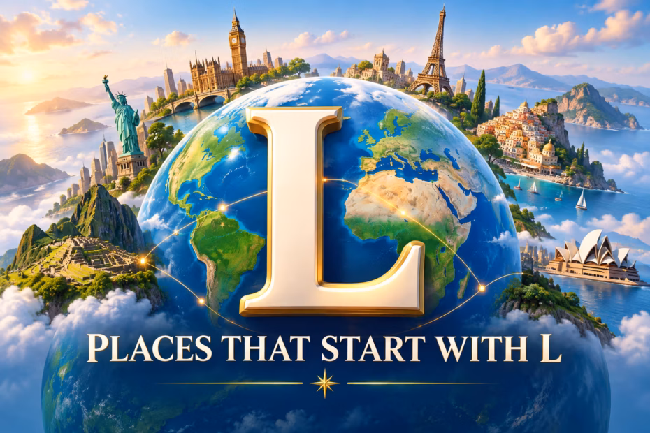 Illustrated globe with a large letter L and the words Places That Start With L above a collage of city skylines.