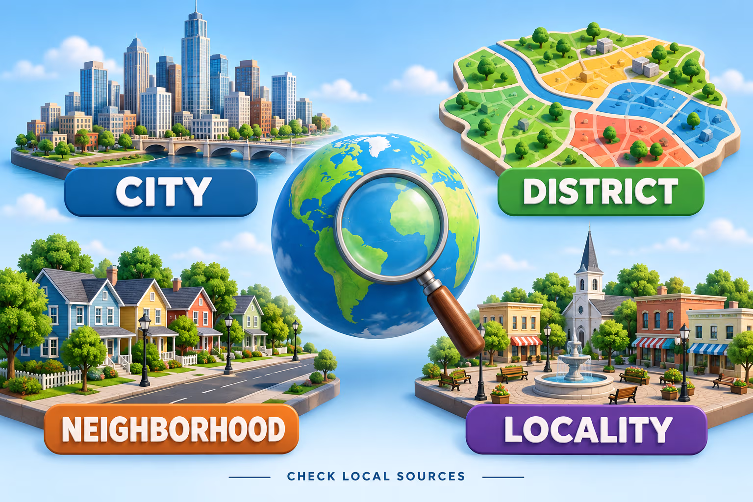 3D infographic showing a city, district map, neighborhood street, and locality, labeled with place types and a reminder to check local sources.