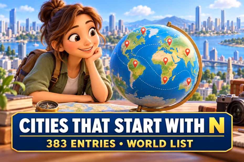 A traveler examines a globe with map pins and generic city skylines, illustrating N-starting cities around the world.