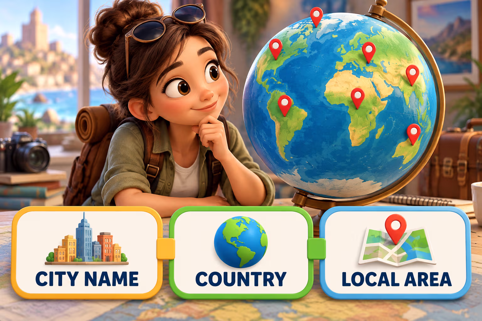 Illustrated N-city directory guide with a traveler checking a place name on a globe.