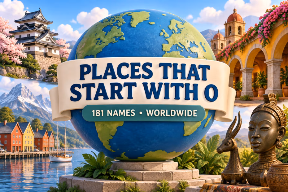 Illustrated globe title card reading places that start with O, with Japanese, Nordic, Mexican, and West African architectural motifs.