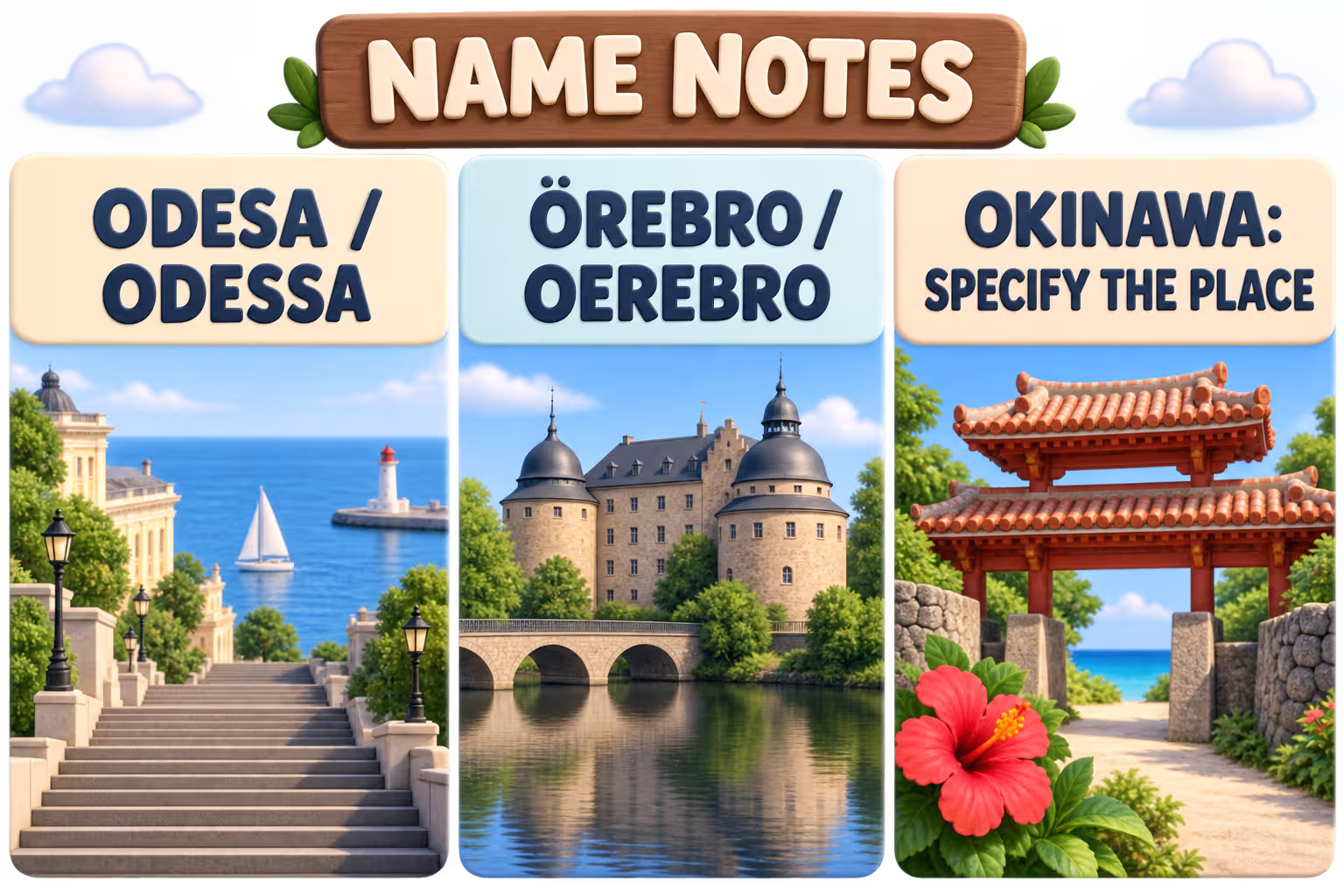 3D name-note infographic showing Odesa and Odessa, Örebro and OErebro, and the reminder to specify which place Okinawa means.