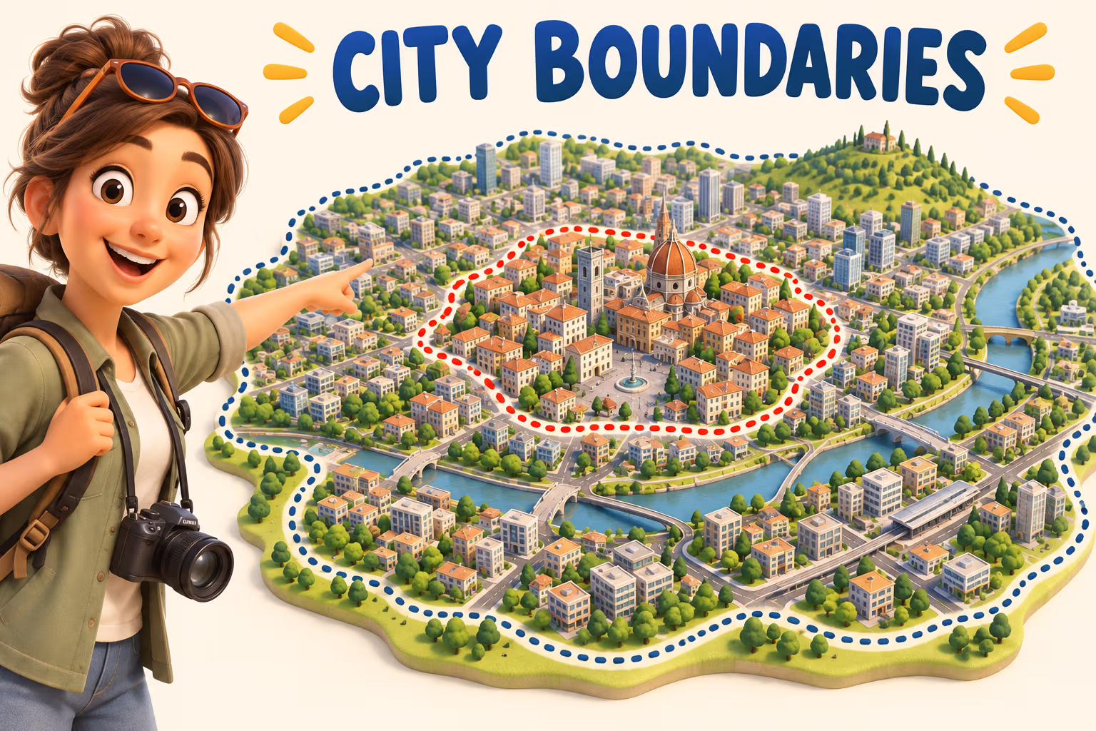Friendly 3D animated explorer points to two differently outlined areas on a city model under the words City Boundaries.