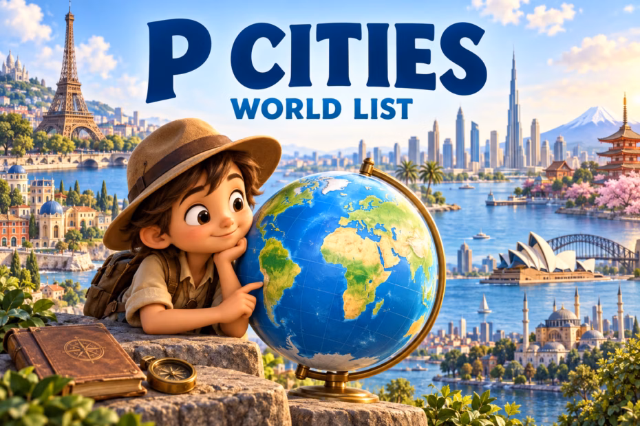 3D animated explorer with a globe among varied world-city skylines under the heading P Cities: World List.