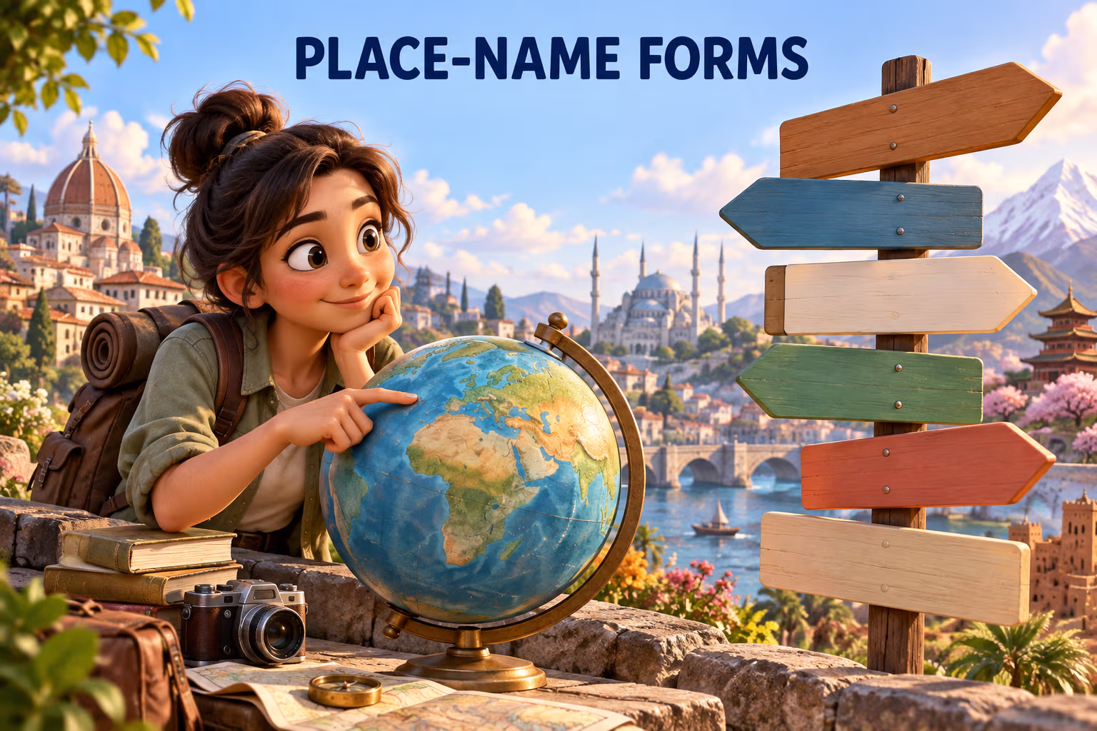 A 3D animated traveler studies a globe beside blank multilingual signboards under the heading Place-Name Forms.