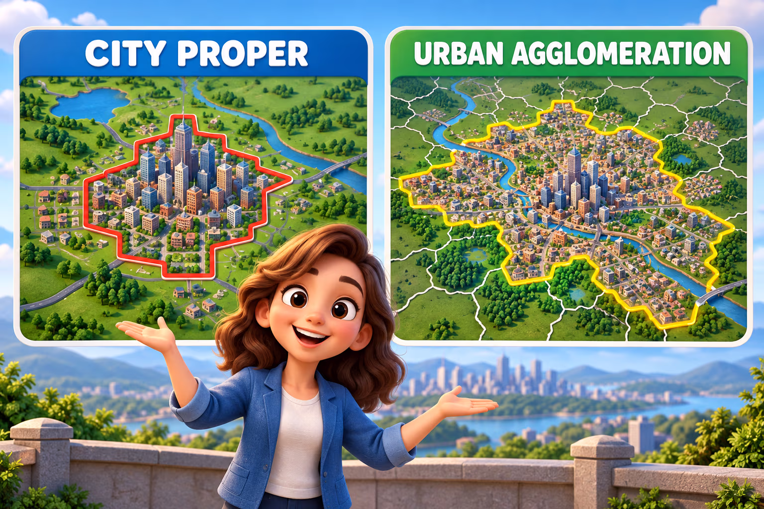Side-by-side illustrated maps compare a compact city proper with a wider urban agglomeration.