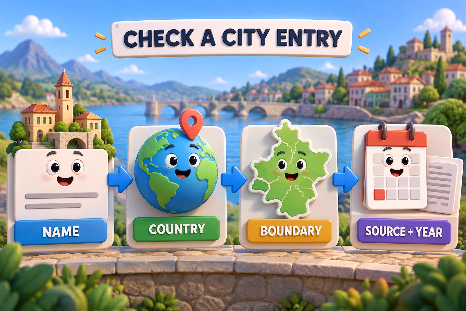 Four illustrated checks for a city entry: name, country, boundary, and source plus year.