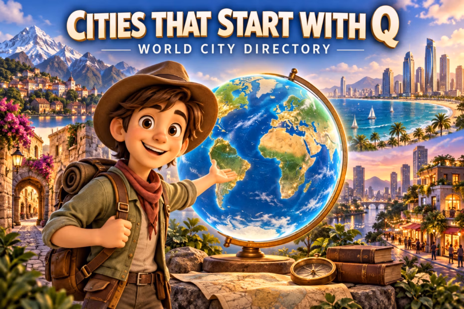 Illustrated traveler points to a globe beneath the text Cities That Start With Q: World City Directory.