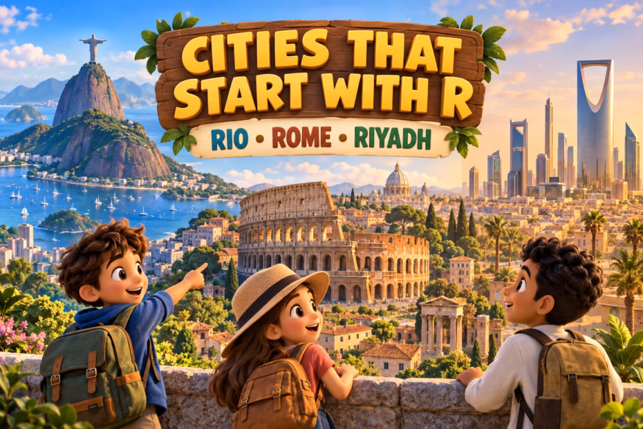 3D illustrated city collage labeled Rio, Rome, and Riyadh with their recognizable skylines