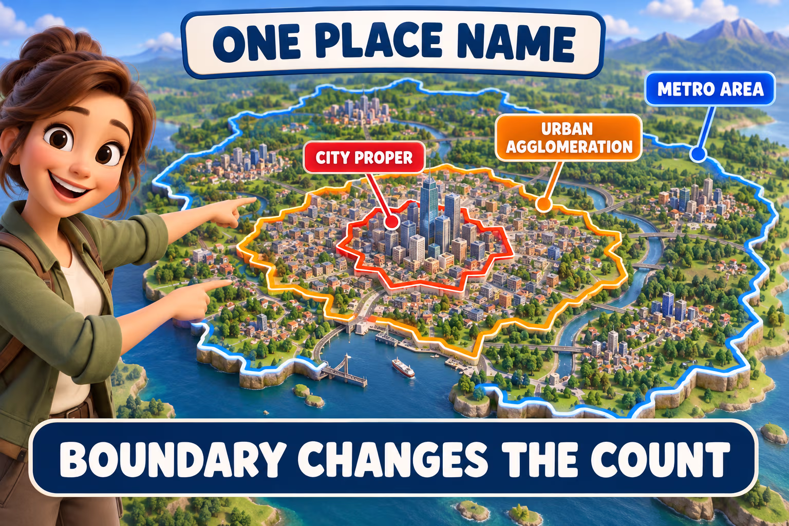 3D map infographic compares city-proper, urban-agglomeration, and metro-area boundaries and their different counts.