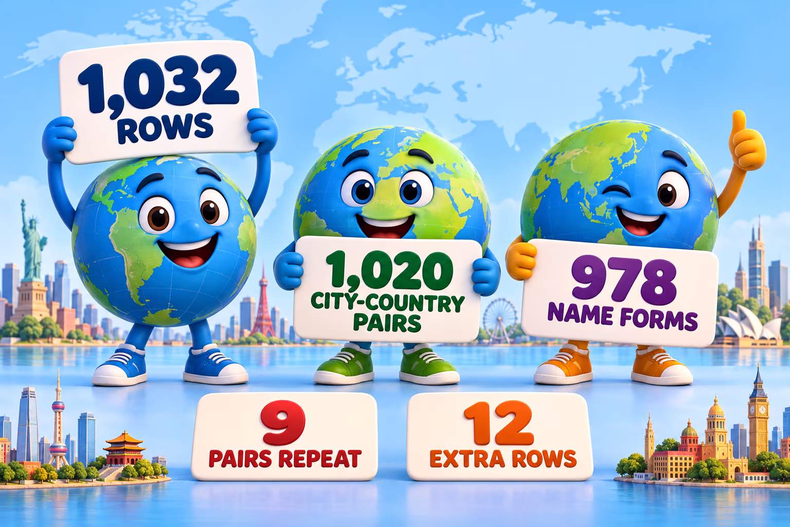 Infographic showing 1,032 rows, 1,020 city-country pairs, 978 names, nine repeated pairs, and 12 extra rows.
