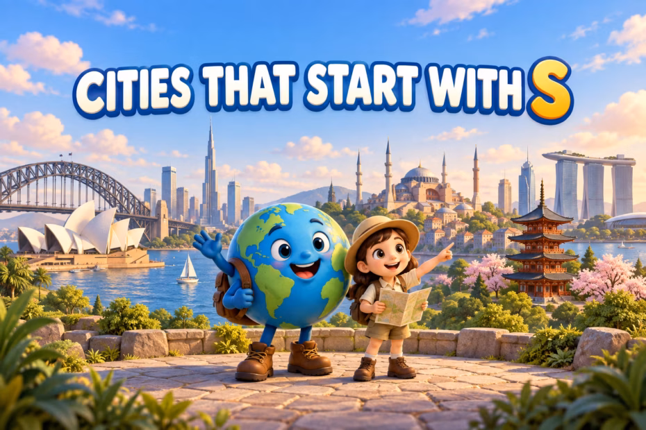 Two fully visible 3D animated explorers, a globe and child, stand before world skylines beneath Cities That Start With S.