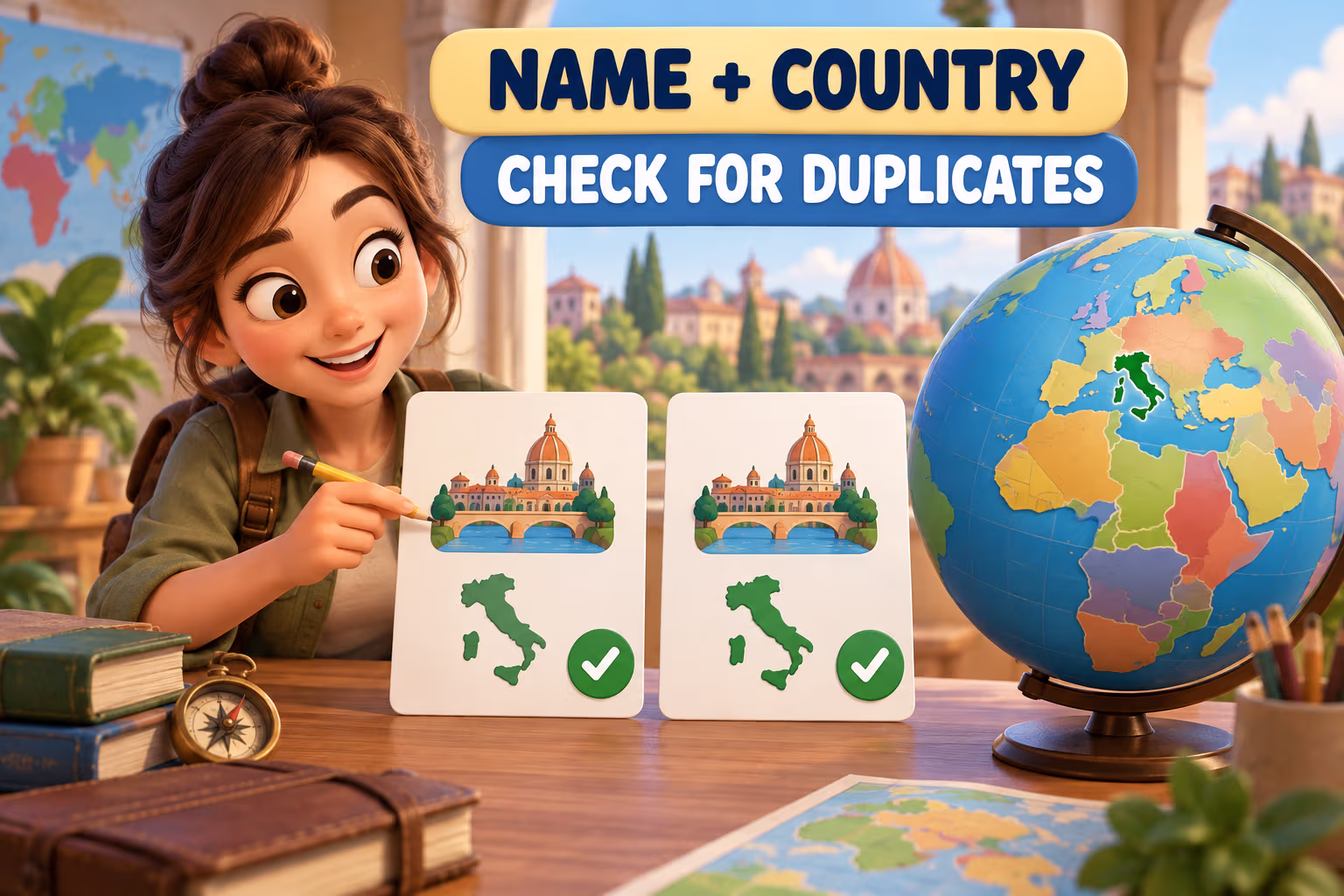 Animated geographer checks two blank place cards beside a globe under the words Name plus Country, Check for Duplicates.