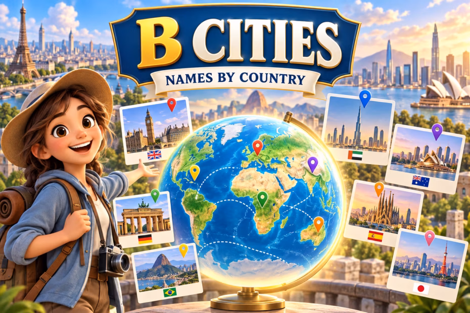 Animated traveler introduces a globe and city skylines under the words B Cities, Names by Country.