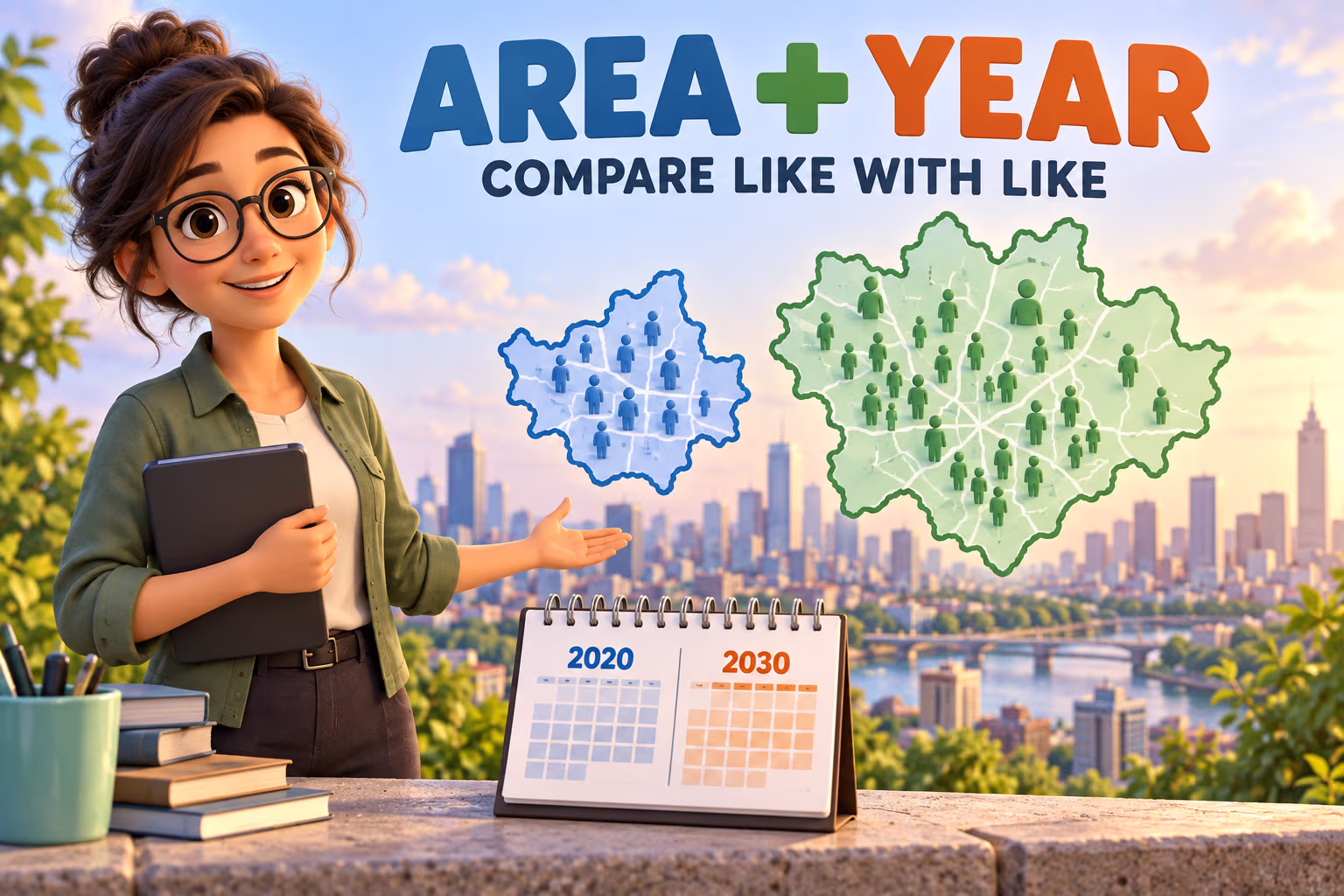 Animated researcher compares differently outlined city areas beside a calendar under the words Area plus Year, Compare Like with Like.