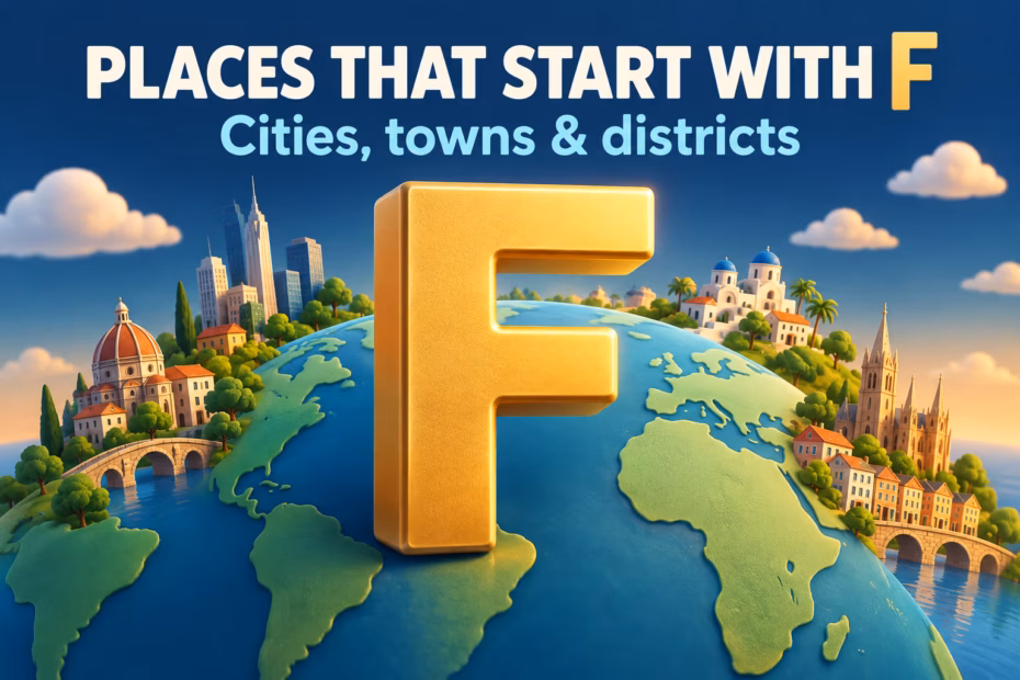 3D illustration of a globe and city models with a large letter F, representing place names that start with F.