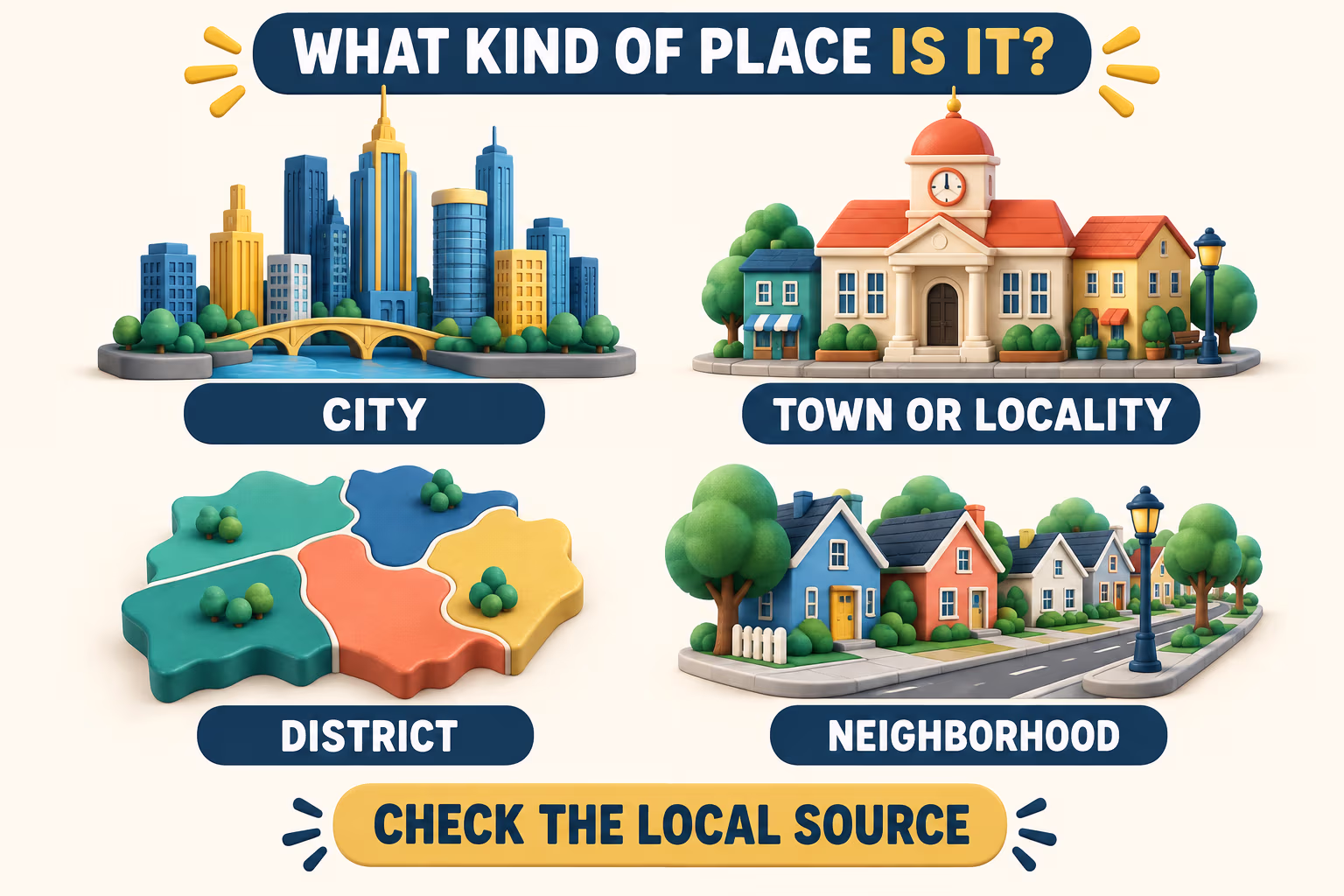 3D illustrated icons labeled city, town or locality, district, and neighborhood, with a reminder to check local sources.
