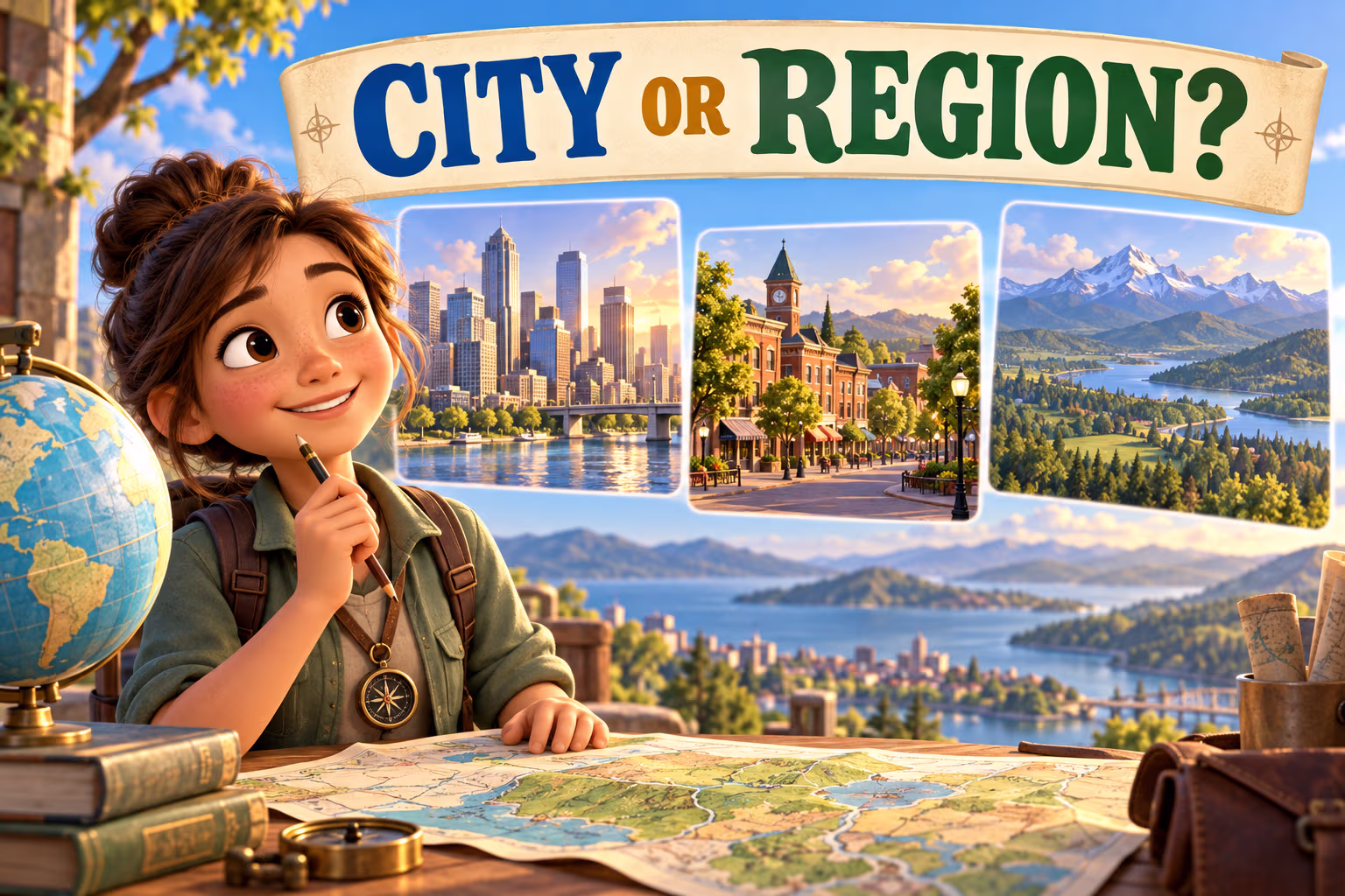 Animated mapmaker compares a municipality, district, and broader region beneath the words City or Region?