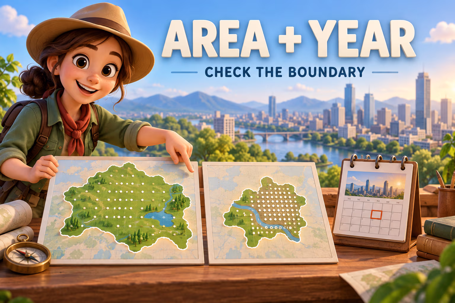 Animated mapmaker compares area outlines and a calendar beside a skyline beneath the words Area plus Year, Check the Boundary.