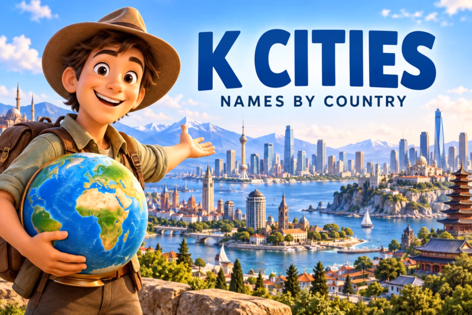 Animated mapmaker introduces a globe and skyline under the words K Cities and Names by Country.