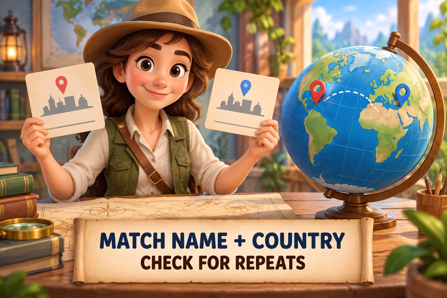 Animated mapmaker compares blank city cards beside a globe beneath the words Match Name plus Country, Check for Repeats.