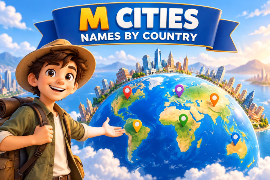 Animated traveler introduces a globe and city skyline beneath the words M Cities, Names by Country.