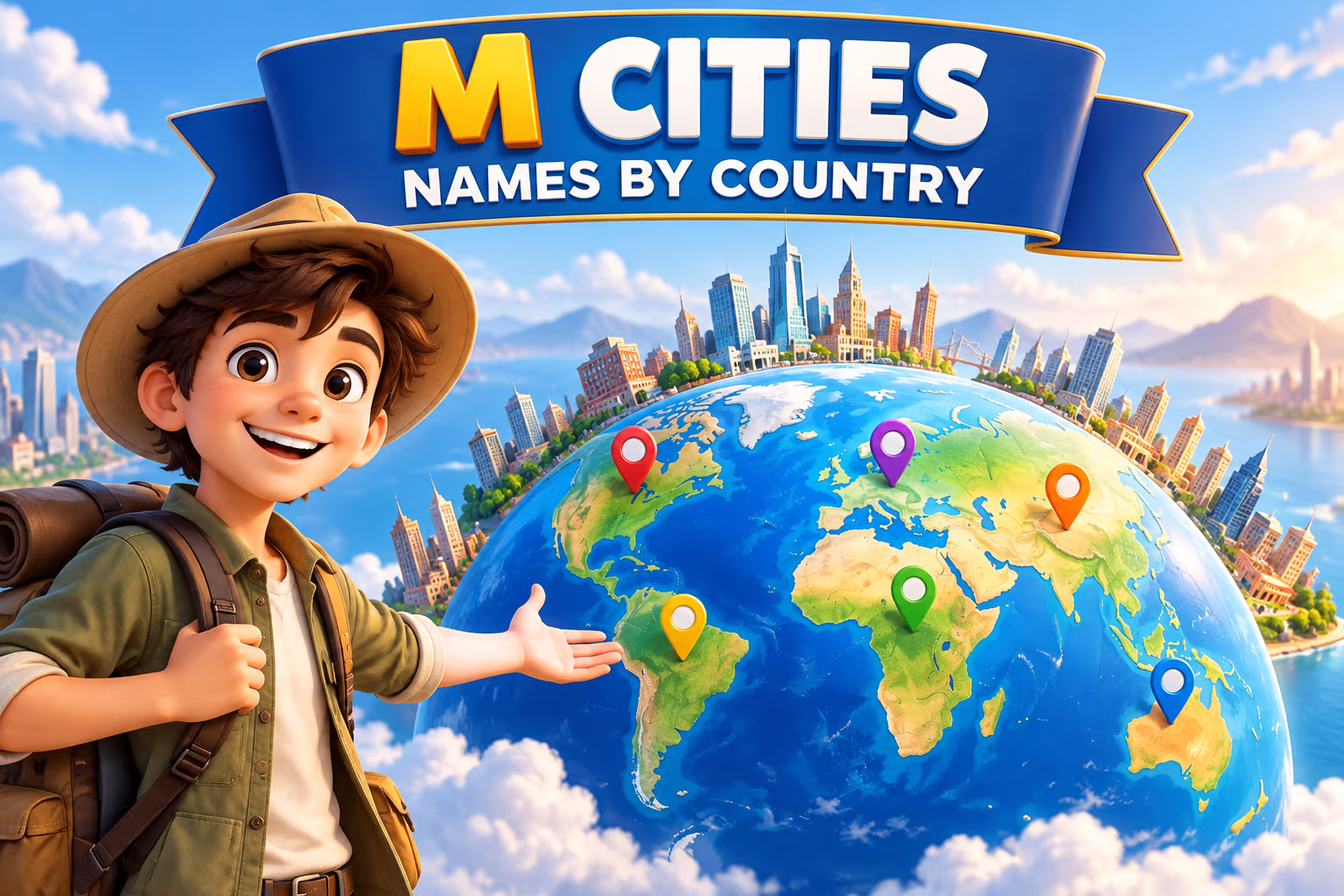 Animated traveler introduces a globe and city skyline beneath the words M Cities, Names by Country.