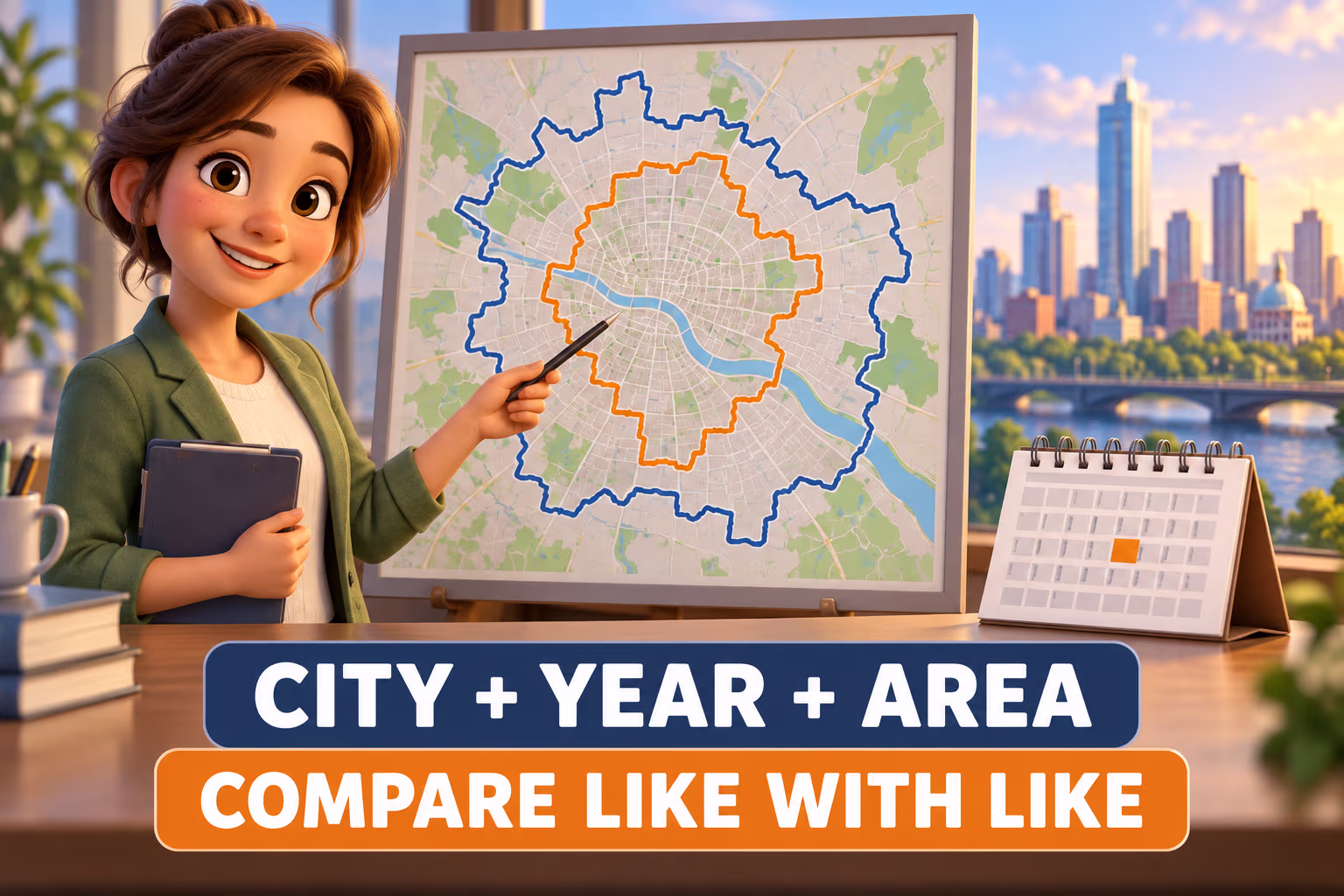 Animated researcher compares city map boundaries beside a calendar under the words City plus Year plus Area, Compare Like with Like.