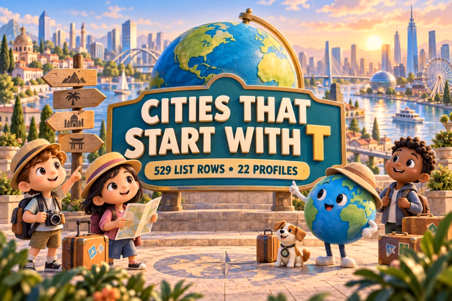 Animated globe and travelers beside a sign reading Cities That Start With T, with 529 list rows and 22 profiles.