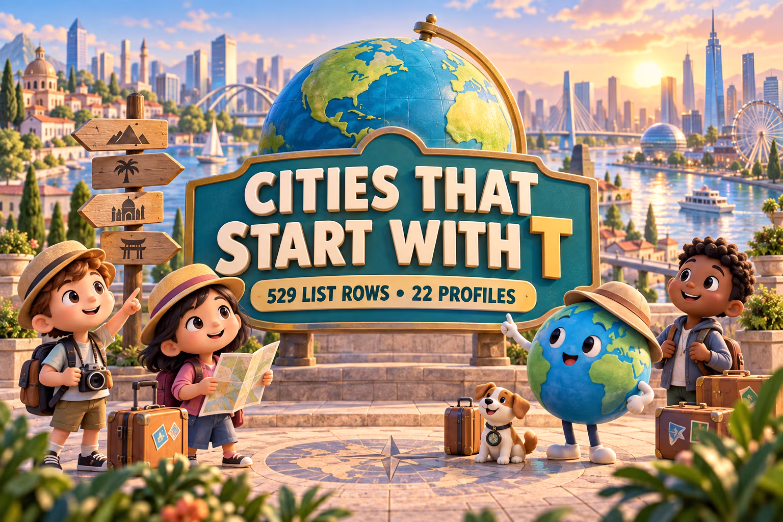 Animated globe and travelers beside a sign reading Cities That Start With T, with 529 list rows and 22 profiles.
