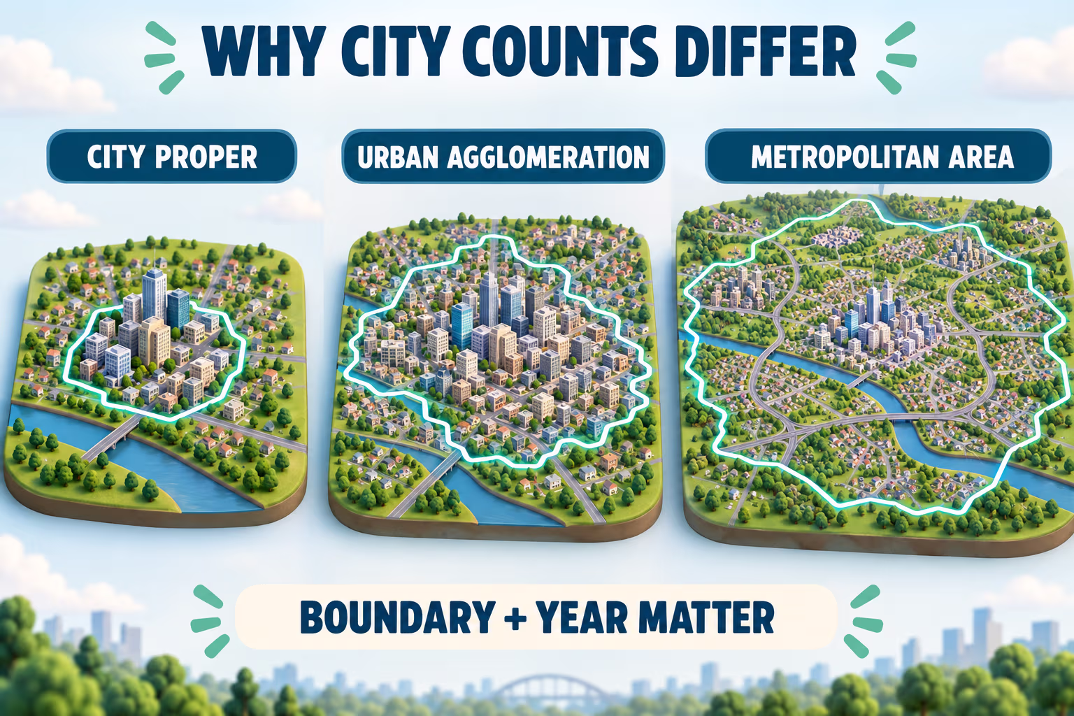 Three 3D city models labeled City Proper, Urban Agglomeration, and Metropolitan Area; boundary and year matter.