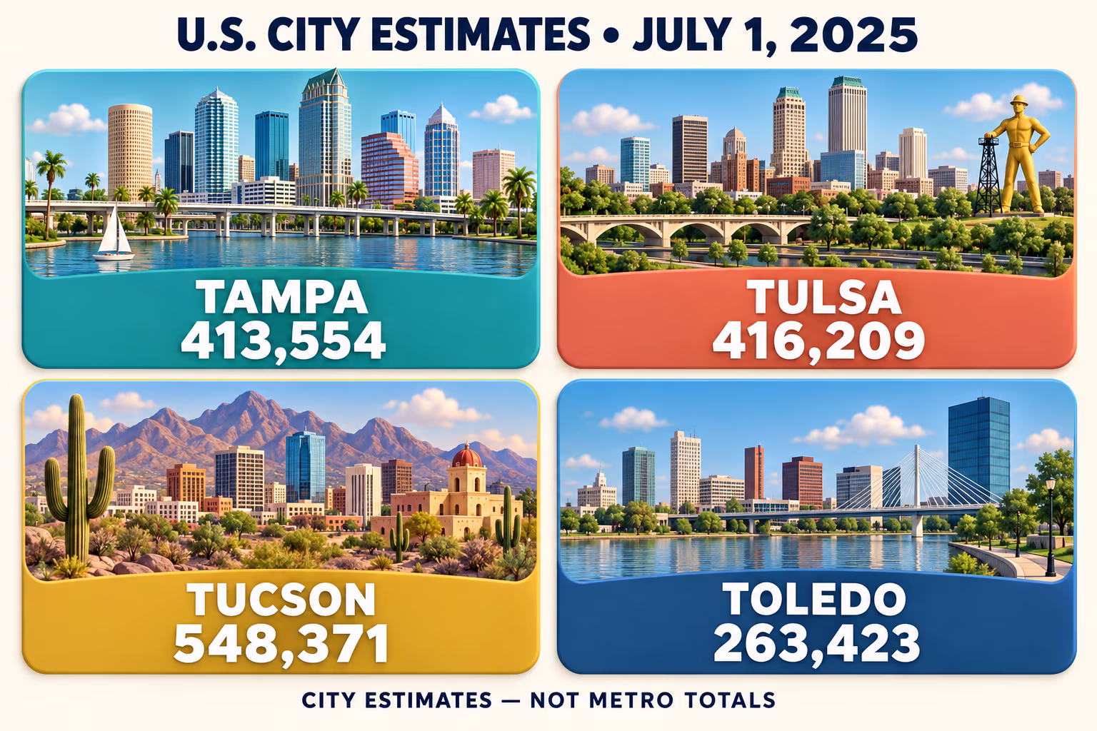 3D infographic of July 1, 2025 U.S. Census city estimates: Tampa 413,554; Tulsa 416,209; Tucson 548,371; Toledo 263,423. These are city estimates, not metro totals.
