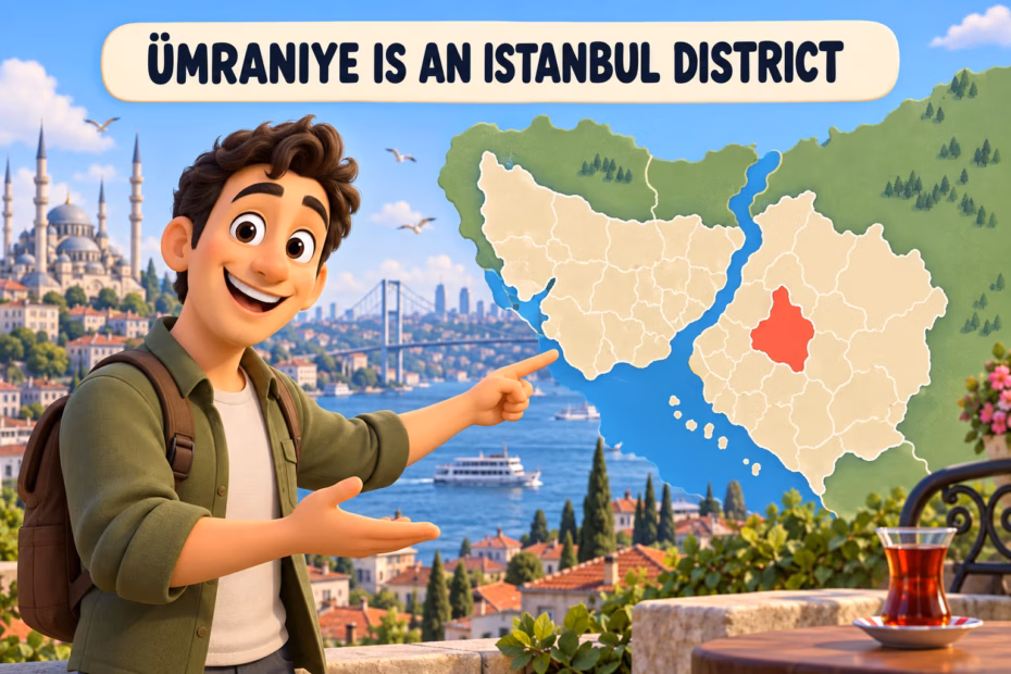 Illustrated Istanbul map with a highlighted district and the teaching label ‘Ümraniye is an Istanbul district.’
