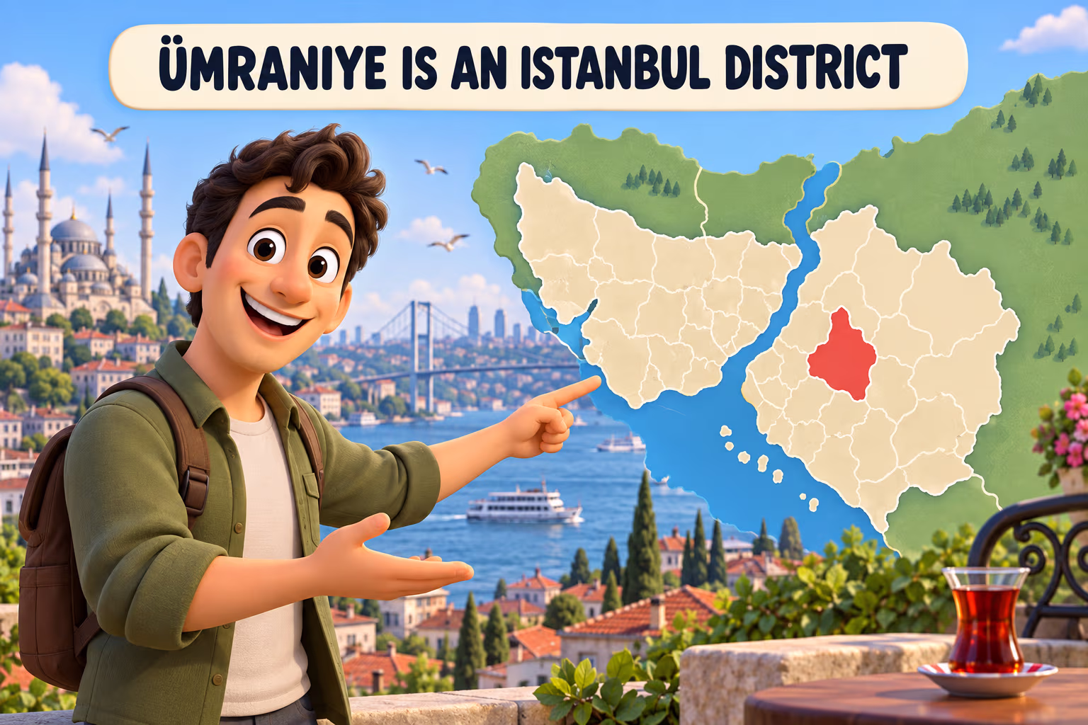 Illustrated Istanbul map with a highlighted district and the teaching label ‘Ümraniye is an Istanbul district.’