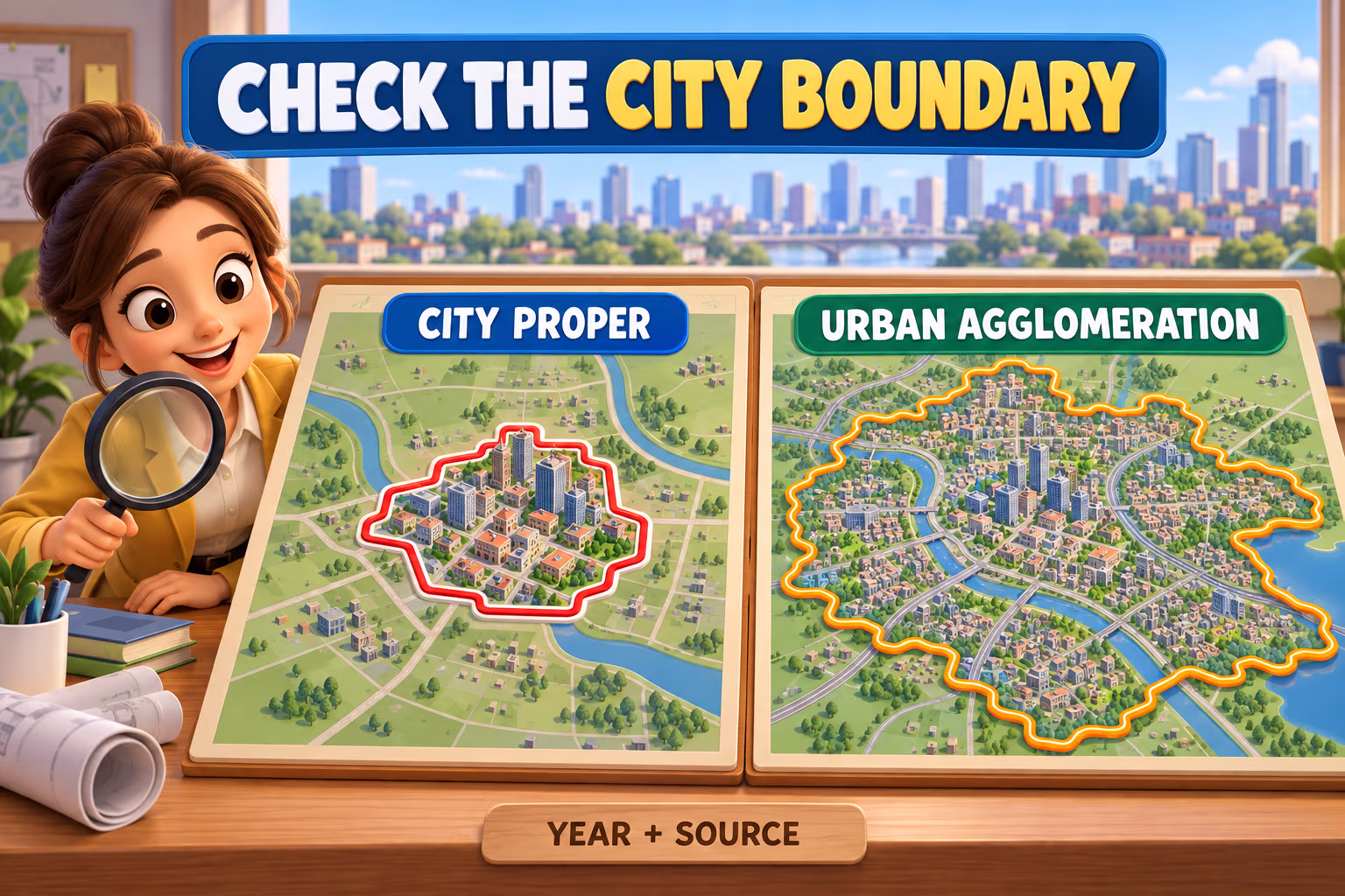 A 3D cartoon map compares a municipal boundary with a wider urban area, labeled City Proper and Urban Agglomeration.