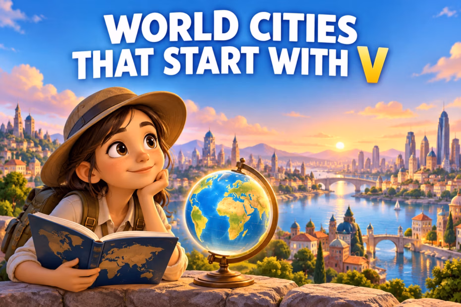 A cartoon explorer, globe, and colorful skyline under the title World Cities That Start With V