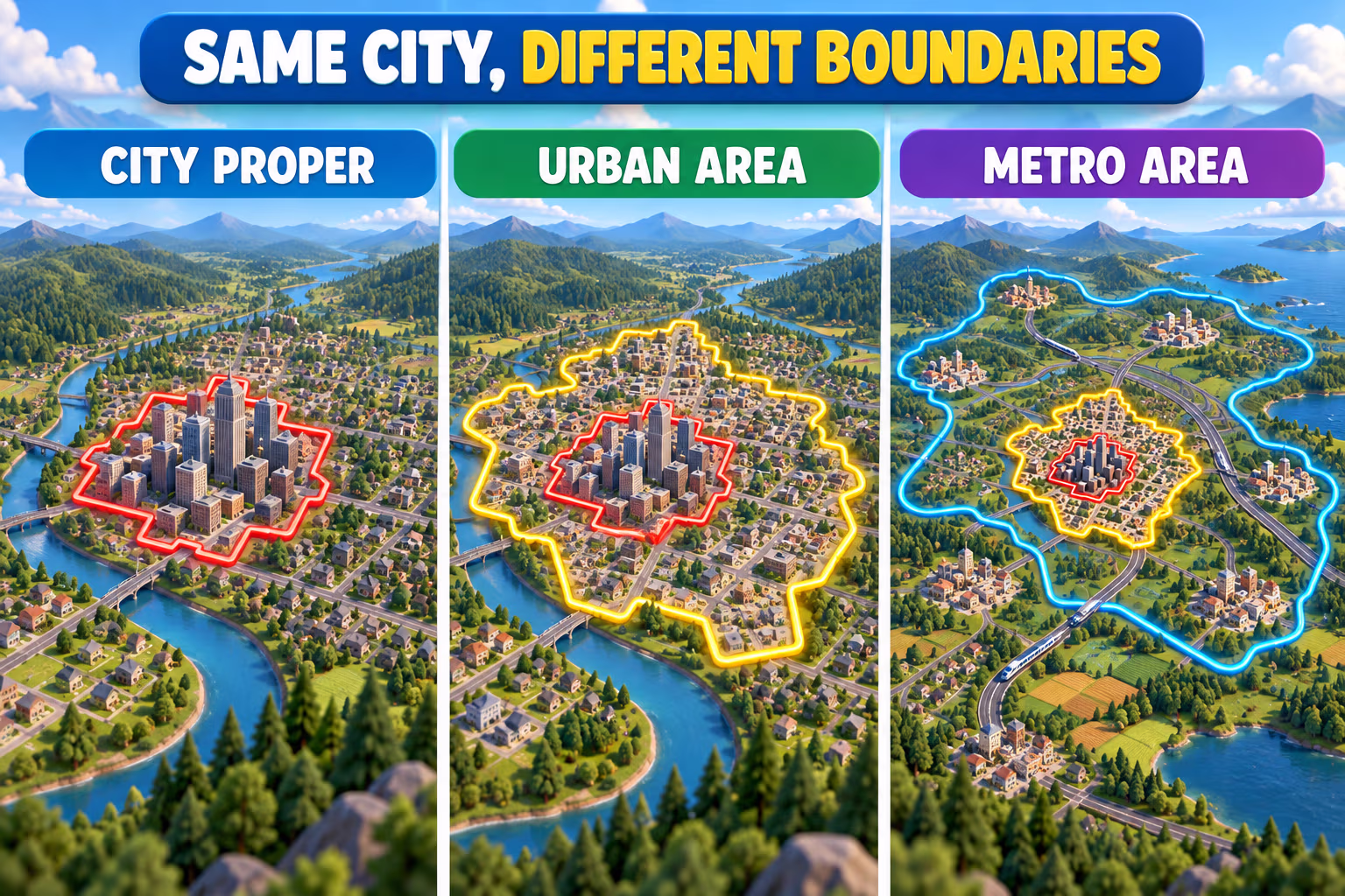 Infographic comparing city-proper, urban-area, and metro-area boundaries around the same city