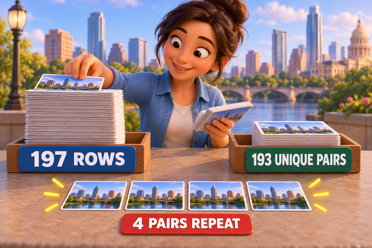 Infographic showing 197 source rows, 193 unique city-country pairs, and four repeated pairs in the W-city directory